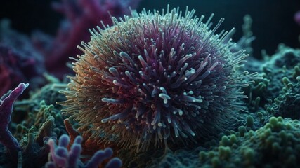 Close-up of a colorful marine species resembling a spiky sea urchin in underwater environment