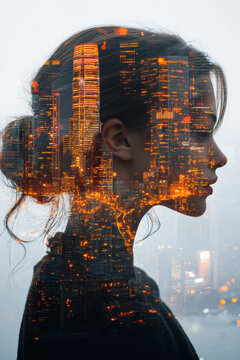 A creative double exposure portrait featuring a woman with a city skyline overlay, symbolizing the connection between humanity and urban life.