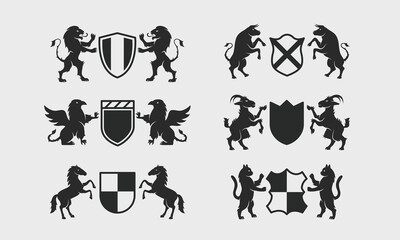 Obraz premium Heraldic, Crest, Coat of Arms templates. Heraldic logo template with standing animals. Lion, Griffin, Goat, Horse, Bull and Cat icons. Vector illustration