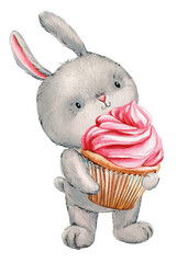 Cute bunny, adorable watercolor rabbit with pink cupcake, sweet animal illustration, hand-painted watercolor baby bunny