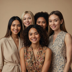 Fototapeta premium Beauty. Multi-Ethnic Group of women with different skin types together and looking on camera. Diverse ethnicity women - Caucasian, African, and Asian posing and smiling against a beige background.