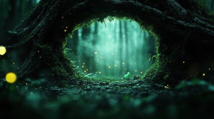 A mysterious hole in a root of a tree with magical glow, surrounded by forest scenery and tiny glowing particles, creating an enchanting and mystical atmosphere.