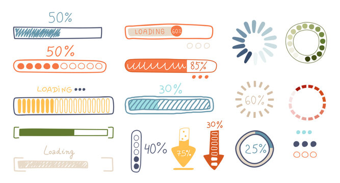 Hand drawn loading bar, arrows and round progress Indicators colorful doodle sketch design set