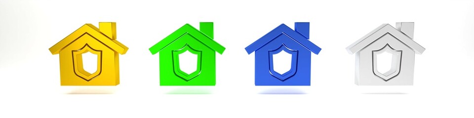 Colorful House with shield icon isolated on white background. Insurance concept. Security, safety, protection, protect concept. Minimalism concept. 3D render illustration