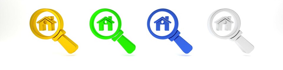Colorful Search house icon isolated on white background. Real estate symbol of a house under magnifying glass. Minimalism concept. 3D render illustration