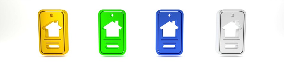 Fototapeta premium Colorful Online real estate house on smartphone icon isolated on white background. Home loan concept, rent, buy, buying a property. Minimalism concept. 3D render illustration