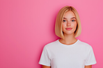 A young woman with a stylish bob haircut poses against a vibrant pink background, showcasing natural beauty and confidence. Perfect for fashion themes.