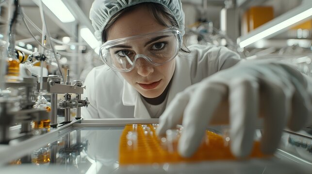 Biotech facility worker carefully loading biohazardous samples into an advanced automated sample system within a sterile high tech laboratory environment