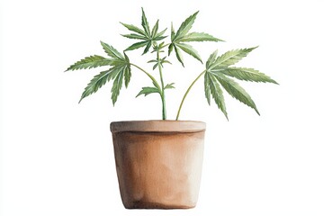 Fototapeta premium A beautiful green hemp plant in a rustic pot, showcasing its vibrant leaves, ideal for nature and botanical themes.