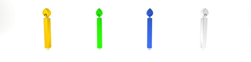 Colorful Burning candle icon isolated on white background. Cylindrical candle stick with burning flame. Minimalism concept. 3D render illustration