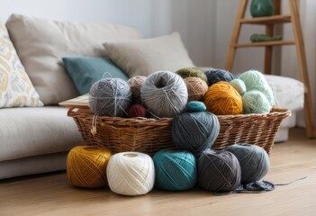 A basket filled with colorful yarn, knitting needles, and a completed knit project on a cozy living room sofa