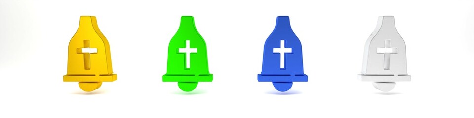 Obraz premium Colorful Church bell icon isolated on white background. Alarm symbol, service bell, handbell sign, notification symbol. Minimalism concept. 3D render illustration