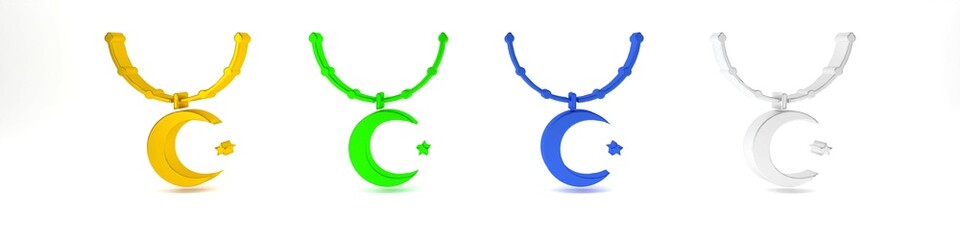 Colorful Star and crescent on chain - symbol of Islam icon isolated on white background. Religion symbol. Minimalism concept. 3D render illustration