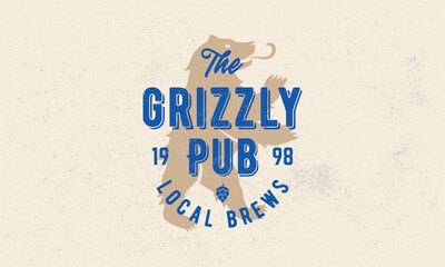 Pub vintage logo, poster. Poster design with Bear silhouette. Hipster vintage design with craft grunge texture. Old retro print for t-shirt, typography. Vector illustration