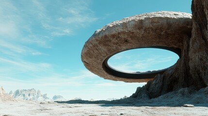 Fototapeta premium A massive ring-like rock structure stands prominently in an arid landscape, creating a futuristic aura beneath a bright blue sky, invoking a sense of mystery and wonder.