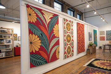 Colorful textile art displayed on gallery walls in a vibrant creative space during the afternoon