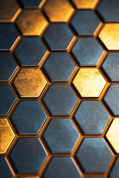 Close-up of a hexagonal pattern featuring metallic textures with a blend of gold and blue hues, perfect for industrial and futuristic designs.