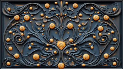 Abstract ornamental artwork with intricate swirling patterns and golden circular elements on a dark textured background