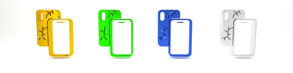 Colorful Smartphone with broken screen icon isolated on white background. Shattered phone screen icon. Minimalism concept. 3D render illustration