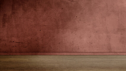 grungy, aged red concrete wall with a horizontal line separating it from a wooden floor. perfect for interior. room backdrop for products displayed. empty brown room with walnut wood floor.