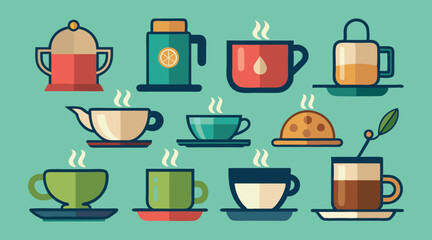 A set of colorful and flat icons representing various types of coffee and tea beverages, perfect for websites, apps, or social media graphics related to coffee shops, cafes, or tea houses.