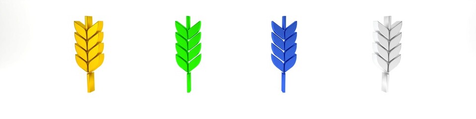 Colorful Cereals set with rice, wheat, corn, oats, rye, barley icon isolated on white background. Ears of wheat bread symbols. Minimalism concept. 3D render illustration