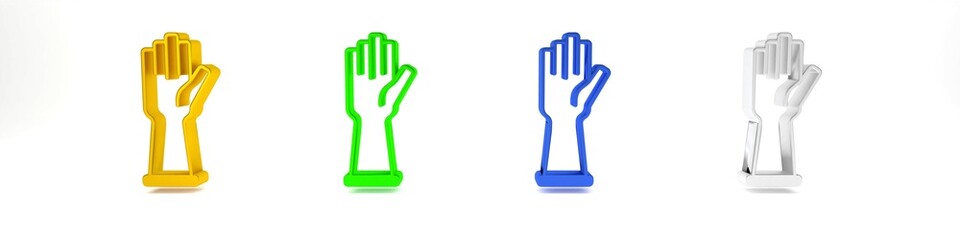 Colorful Rubber gloves icon isolated on white background. Latex hand protection sign. Housework cleaning equipment symbol. Minimalism concept. 3D render illustration