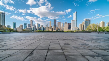 Empty square floor with city skyline background, City skyline with a touch of celestial whimsy, whimsical constellations and cosmic creatures adorning the urban panorama