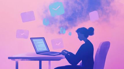  Victim of Cybercrime. A woman types on a laptop, surrounded by colorful icons, symbolizing productivity and digital communication in a creative workspace.