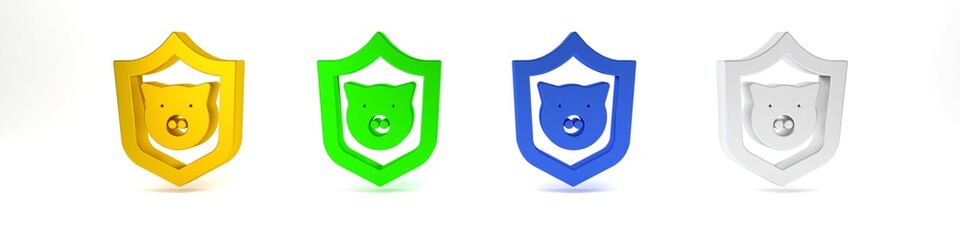 Colorful Shield with pig icon isolated on white background. Animal symbol. Minimalism concept. 3D render illustration
