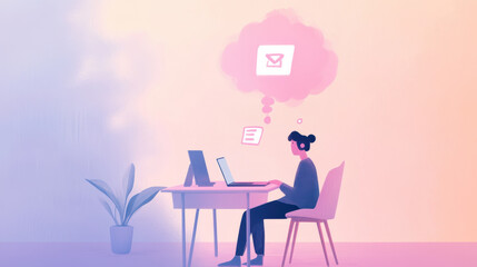  Victim of Cybercrime. A woman sits at a desk, working on a laptop while thinking about online shopping, surrounded by a calming, pastel background.