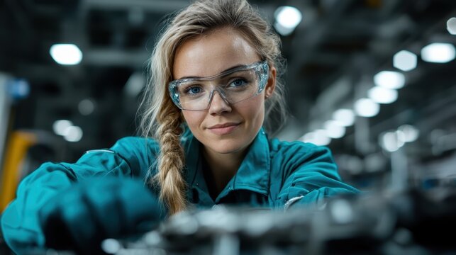 A competent technician wearing a teal jumpsuit and safety glasses, closely inspecting machinery, showcasing focus and expertise in a factory environment.