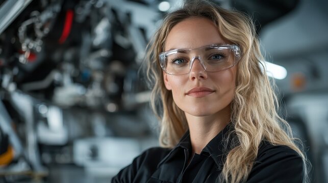 A confident professional woman in black attire with safety eyewear, showcasing leadership and expertise in a high-tech industrial environment.