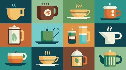 A set of colorful and flat icons representing various types of coffee and tea beverages, perfect for websites, apps, or social media graphics related to coffee shops, cafes, or tea houses.