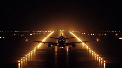 Low angle view of a passenger plane at night on a runway, illuminated by glowing runway lights extending symmetrically into the darkness  .