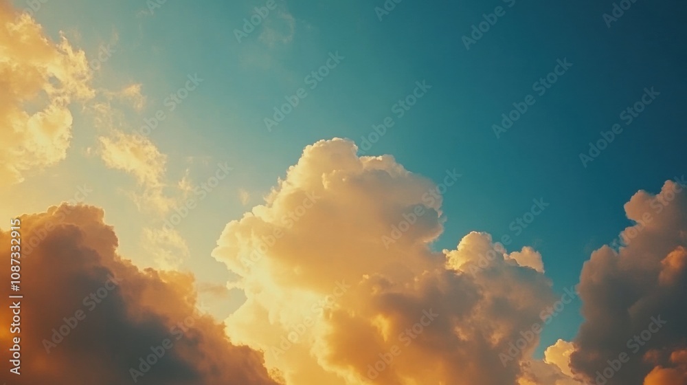 Poster the sky is filled with fluffy clouds glowing in warm golden shades as the sun sets on a peaceful eve