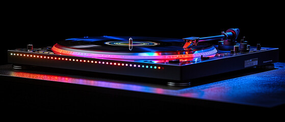 A dj turntable and neon lights