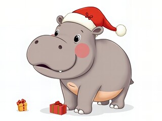 cartoon hippo with santa hat and presents on white background.