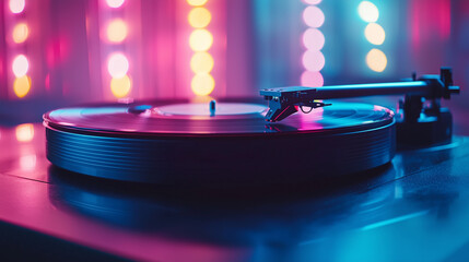 A dj turntable and neon lights
