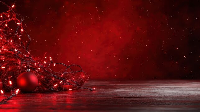 Festive red string lights and a red ornament rest on a rustic wooden table, creating a cozy holiday atmosphere with a bright glowing background filled with tiny sparkles.