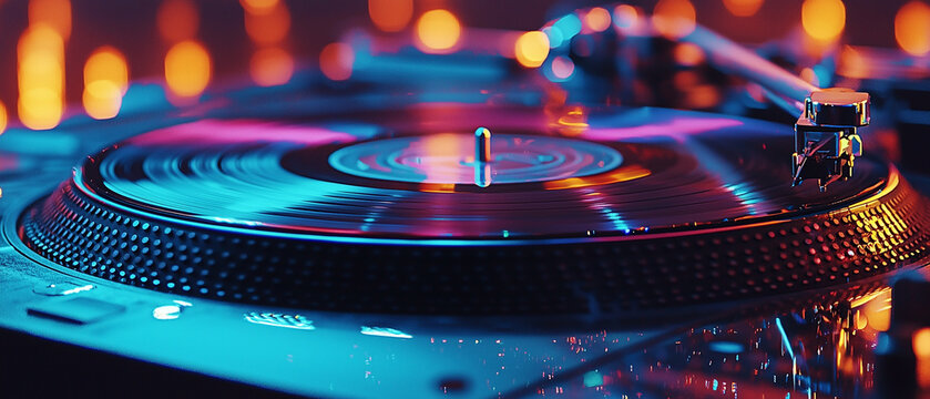 A dj turntable and neon lights - Powered by Adobe