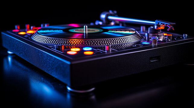 A dj turntable and neon lights