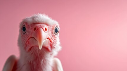 A close-up of a bird set against a pink background, its puzzling gaze and unusual expressions create a unique representation of curiosity and intrigue.
