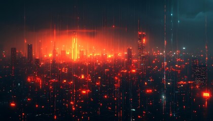 Fototapeta premium Currency exchange examples vibrant, futuristic cityscape illuminated by fiery red tones, showcasing towering buildings amidst a dark, moody atmosphere.