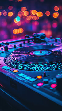 A dj turntable and neon lights