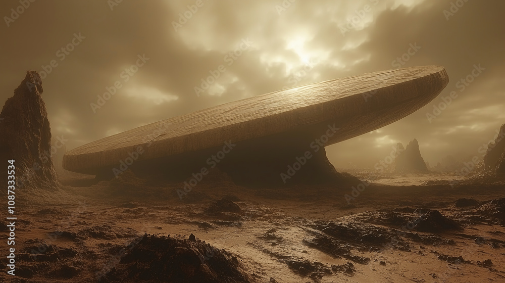 Aufkleber Mysterious large spaceship structure on a barren, desolate landscape under a cloudy sky at sunset. Generative AI