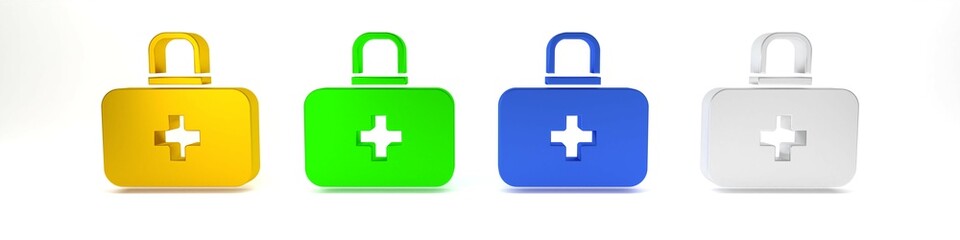 Colorful First aid kit icon isolated on white background. Medical box with cross. Medical equipment for emergency. Healthcare concept. Minimalism concept. 3D render illustration