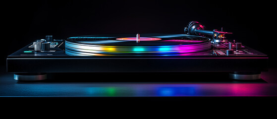 A dj turntable and neon lights