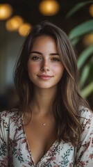 Fototapeta premium Beautiful young woman with long brown hair in a floral dress, smiling softly.