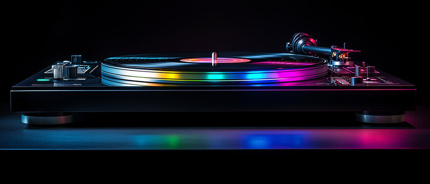A dj turntable and neon lights